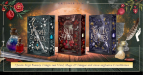 Banner mit den 3 Schmuckausgaben der High Fantasy Trilogie "Magie von Blut und Wein", High Fantasy für Erwachsene 2026
