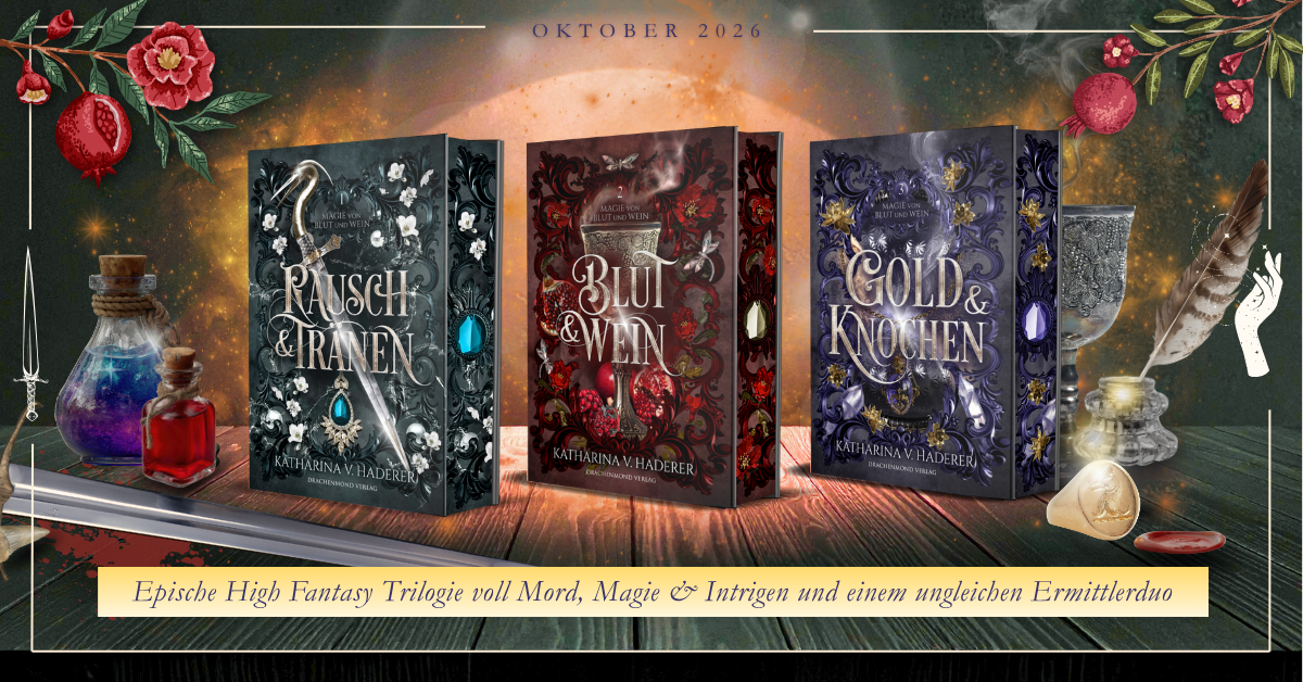 Banner mit den 3 Schmuckausgaben der High Fantasy Trilogie "Magie von Blut und Wein", High Fantasy für Erwachsene 2026